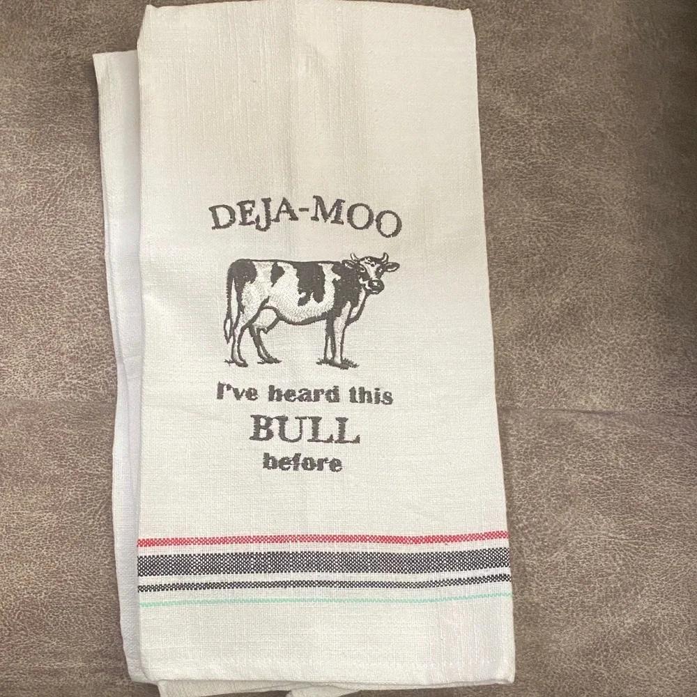 2 NWT Deja-Moo Cow Kitchen Towel - White with Stripes